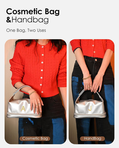 Customized Gifts for Women, Monogrammed Makeup Bag with Handle, Initial Double Layer Cosmetic Bag with Makeup Brush Organizer, Cute Cosmetic Pouch for Women, Gifts for Friends Female Mom