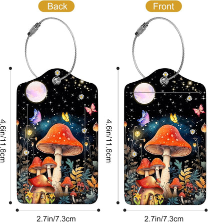 2Pack Luggage Tags for Suitcases, Cute Unique Pu Leather Cruise Luggage Tag with Privacy Cover ID Label Address Card and Metal Ring Suitable for Women Men Kids Travel Bag Mushrooms and The Moon