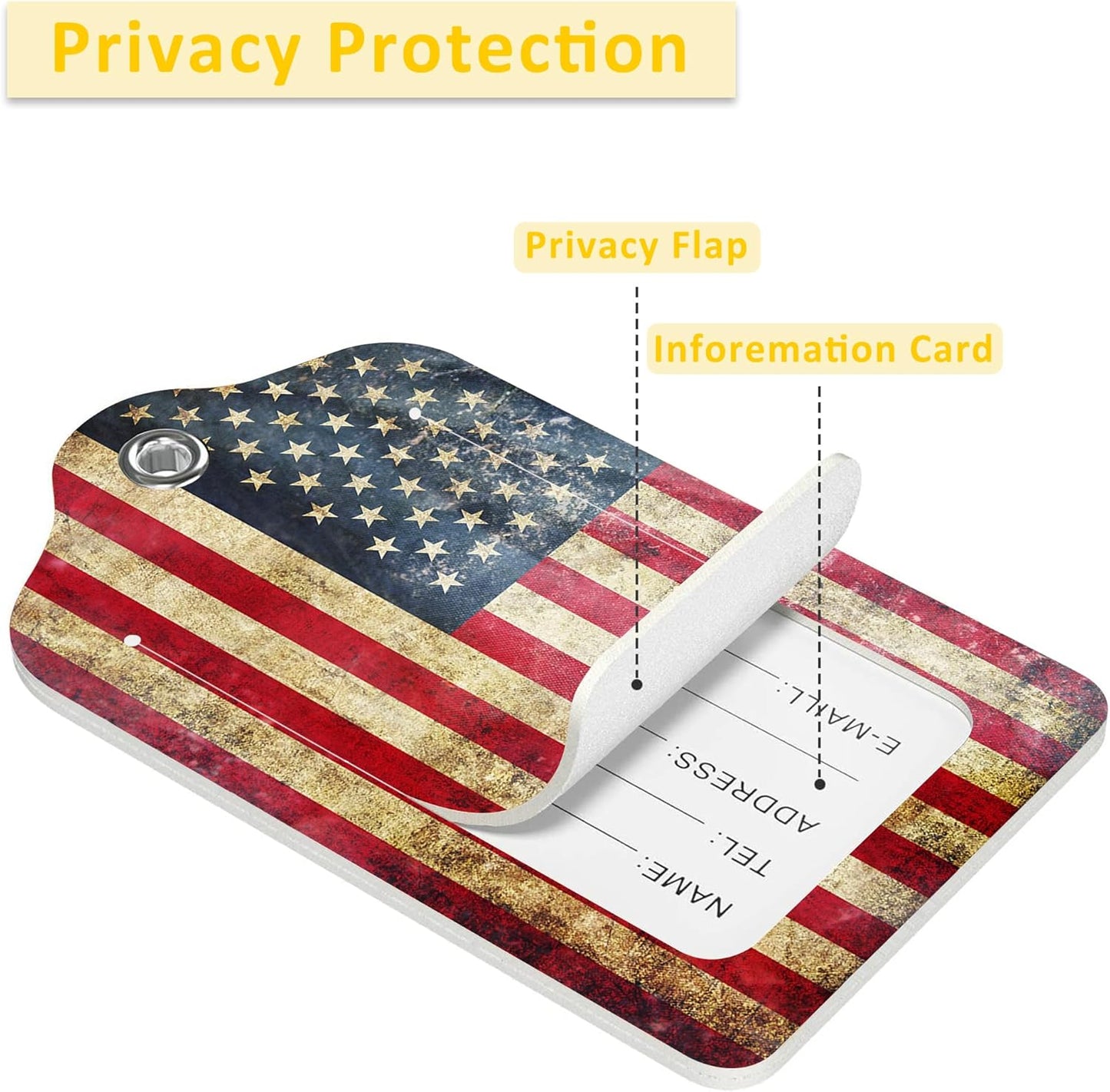 2 Pack Luggage Tag for Suitcase,Retro USA Flag PU Leather Suitcase Tags Identifiers with Privacy Name Address Labels and Durable Steel Loop for Women Men Travel