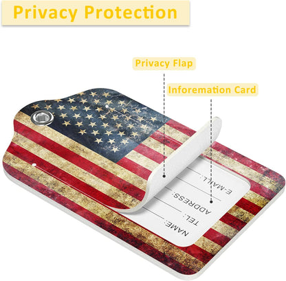 2 Pack Luggage Tag for Suitcase,Retro USA Flag PU Leather Suitcase Tags Identifiers with Privacy Name Address Labels and Durable Steel Loop for Women Men Travel