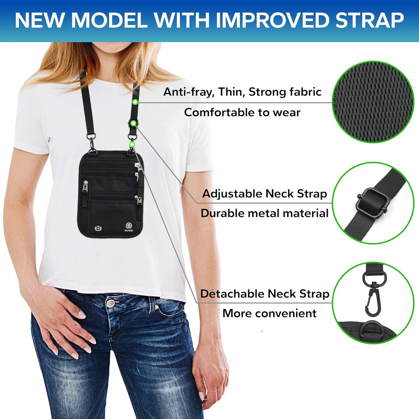 Neck Wallet – Travel Pouch and RFID Blocking Passport Holder for Women and Men, Easy to Conceal Passport Wallet, Slim Travel Wallet to Keep Your Cash, Passport, Cards and Documents Safe (Black)