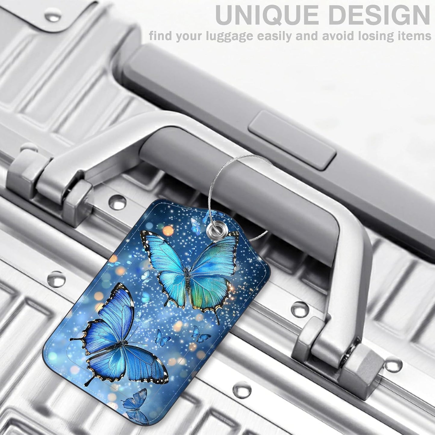 2 Pcs Blue Glowing Butterfly Luggage Tags for Suitcases PU Leather Baggage Tags Name ID Label with Privacy Cover and Stainless Steel Loop for Men Women Travel Bag Suitcase