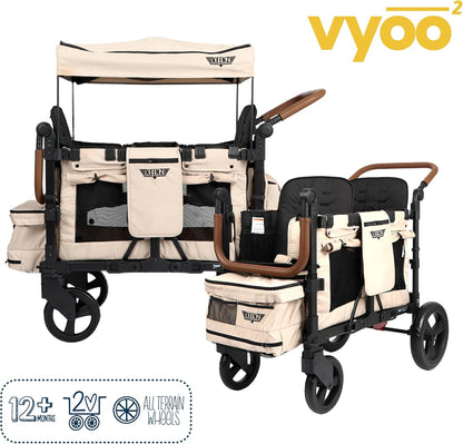 Keenz VYOO Stroller Wagon with Canopy - Foldable Design for Easy Storage, 5 Seating Positions for Kids, Enhanced Child Safety, All-Terrain Mobility, 2-Passengers, Mocha