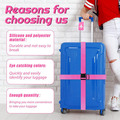 Weewooday 8 Pcs Luggage Straps Suitcase Tags Set for TSA Approved, 4 Travel Adjustable Suitcase Belt, 4 Silicone Luggage Tags with Name ID Card Travel Accessories(Pink,Airplane)