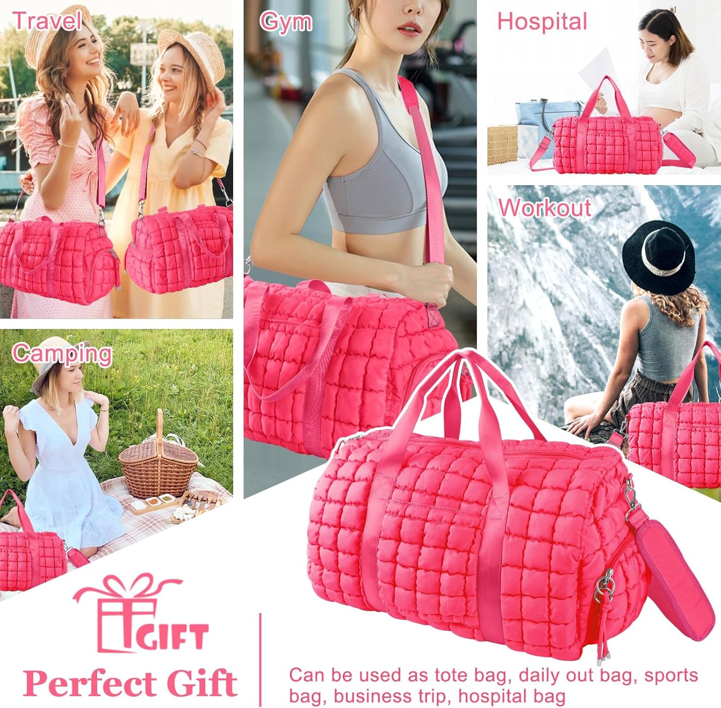 Quilted Travel Duffle Bag Gym Bag for Women,Large Puffer Duffle Weekender Bag with Compartment,Workout Overnight Carry on Organizer Bag Duffle Bag for Airplane Travel(L-Rosered)