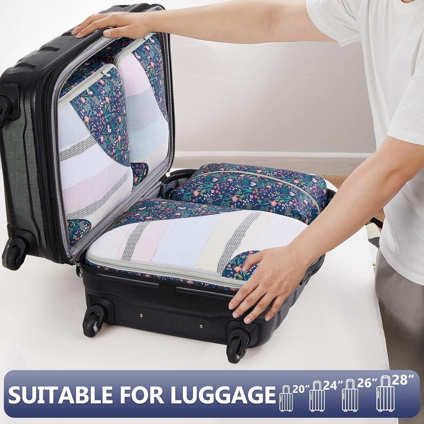 8 Set Packing Cubes for Travel,Gifts for Women Mom,Anti-Tearing Suitcase Organizer for Luggage with Shoe & Hanging Toiletry Bag,Vacation Essentials & Accessories for Cruise Ship,Dark Blue Floral