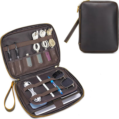 LANNSYNE Full Grain Leather Electronic Organizer Accessory Travel Tech Pouch, Cable Accessories Bag, Storage Carry Case for Charger, Phone, Power Bank, Cables