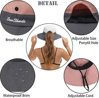 Womens Summer Sun Hat Beach Hat Wide Brim Outdoor UV Protection Hat Foldable Cool Mesh Ponytail Bucket Hat