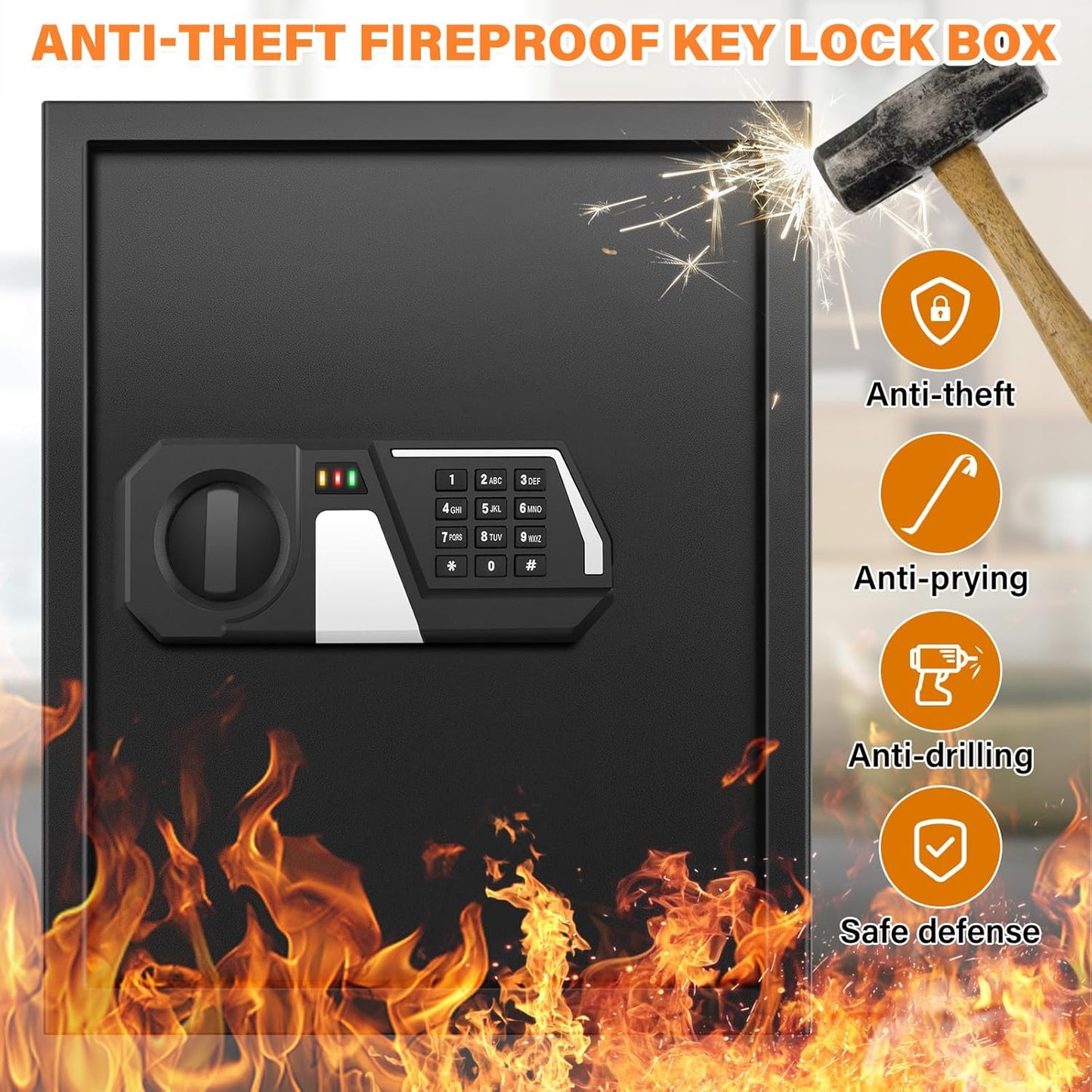 71 Keys Fireproof Key Lock Box, Anti-Theft Key Box Wall Mount with Adjustable Hook Plates, Key Tags and Side Opening, Key Safe Key Cabinet Key Organizer for Home Office Garage Rental Business