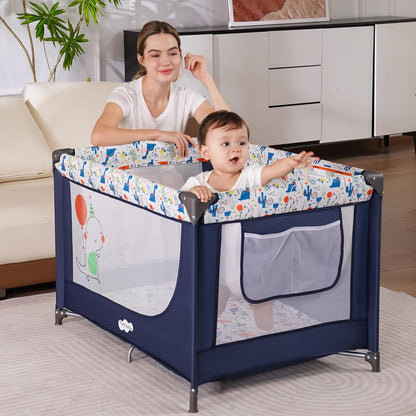 Pamo Babe Travel Foldable Portable Bassinet Baby Infant Comfortable Play Yard Crib Cot with Soft Mattress Breathable Mesh Walls, and Carry Bag Blue