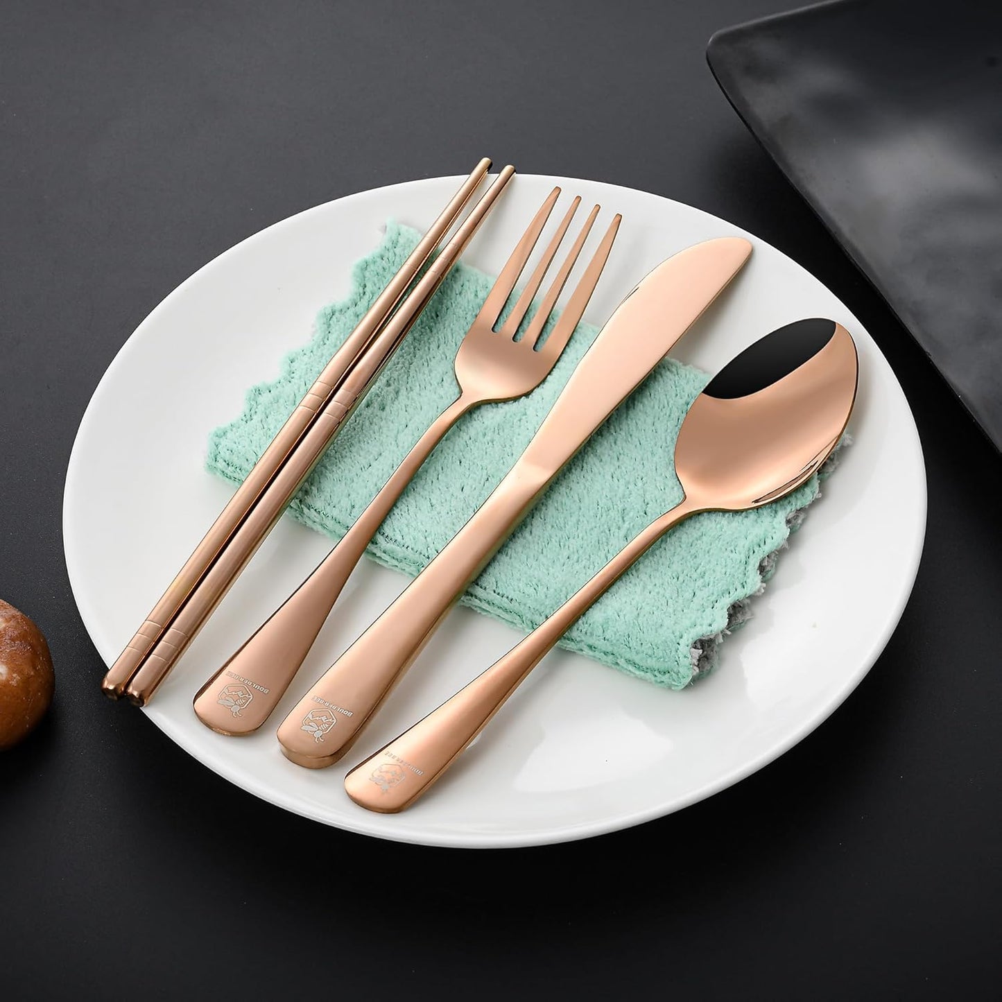 Boulder Bee Travel Utensils Set | Reusable Camping Cutlery Set | Stainless Steel Flatware Set | Portable Silverware Set with Case | Includes Knife/Fork/Spoon/Chopsticks/Cleaning Cloth/Case (Rose)