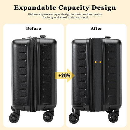 16 Inch Carry On Luggage Airline Approved, Expandable Lightweight ABS+PC Hard Shell Suitcases with 360° Spinner Wheels, TSA Lock, YKK Zippers (Black)