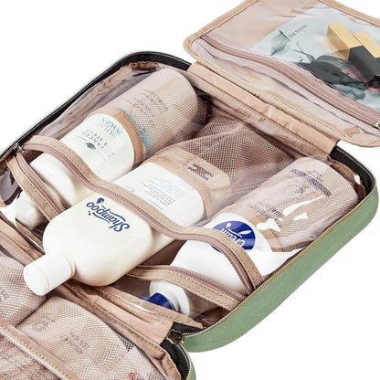 NISHEL Large Double Layer Travel Makeup Bag Women, Cosmetic Case, Organizer for Travel-Size Accessories Bottles, Brushes, Conditioner, and Skin Care Products, Bronze Green