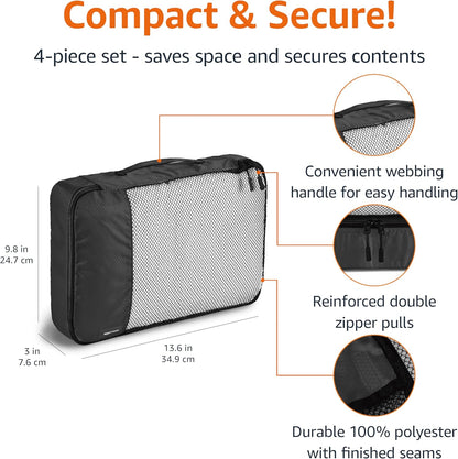 Amazon Basics Lightweight Packing Cubes Travel Organizer Set with Double Zipper, Mesh Top, Durable Polyester, Medium, 4 Piece, Black