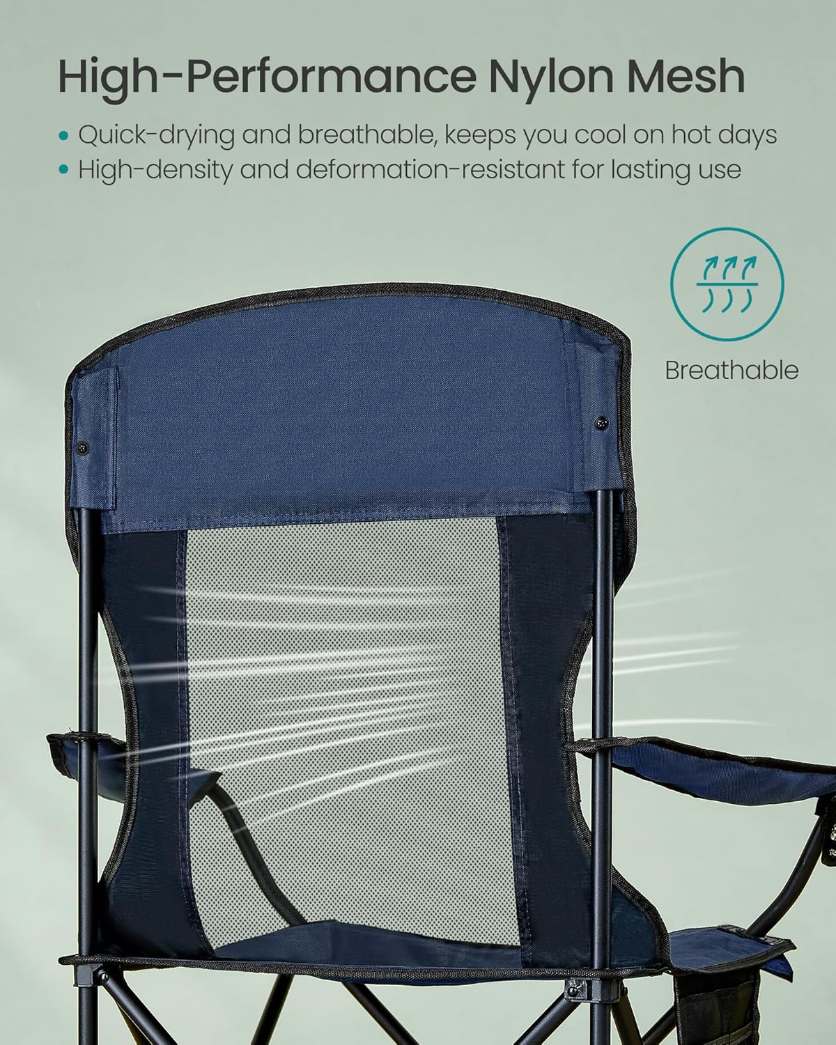 SONGMICS Breathable Camping Chairs, Foldable Outdoor Chairs Set of 2, High Back, Adjustable Armrests, Drink Holder, Weight Capacity 330 lb, for Sports Garden Backyard, Harbor Blue UGCB028Q01