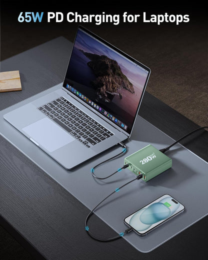 280W USB C Charger Block, 8-Port USB C Charging Station GaN III PD 65W Laptop Charger Adapter Compatible with MacBookPro/Air,DELL,iPad,Portable Charging Station for iPhone,Samsung Galaxy(Green)