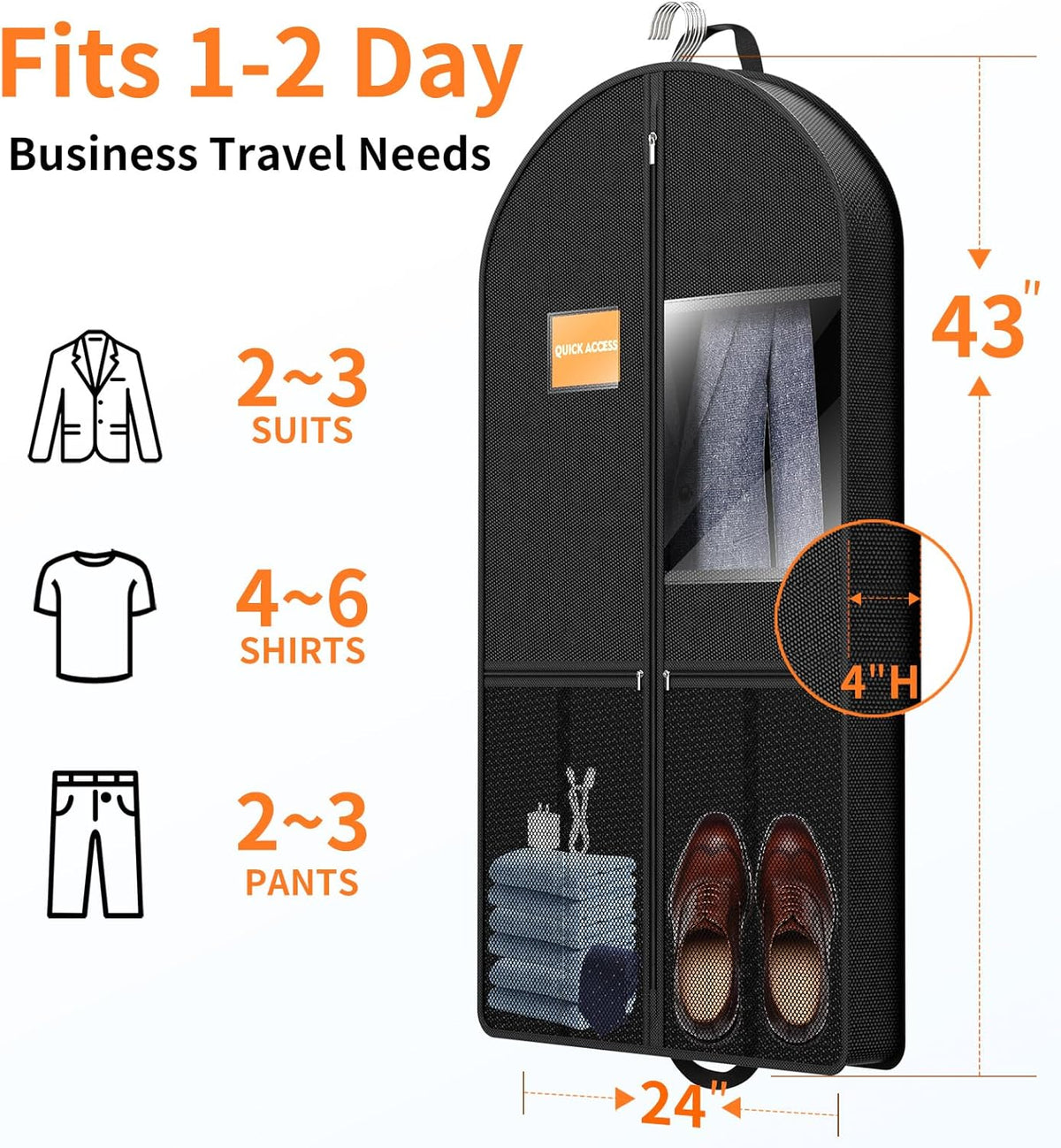 Suit Garment Clothes Travel Bag: 43 inch Lightweight Foldable Black Short Fabric Breathable - Hanging Storage Cover Pockets Zipper for Men - Wardrobe Carry Coat Jacket Uniform Tuxedo Shirt
