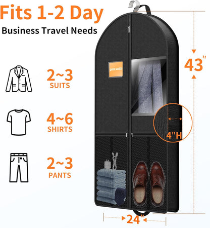 Suit Garment Clothes Travel Bag: 43 inch Lightweight Foldable Black Short Fabric Breathable - Hanging Storage Cover Pockets Zipper for Men - Wardrobe Carry Coat Jacket Uniform Tuxedo Shirt