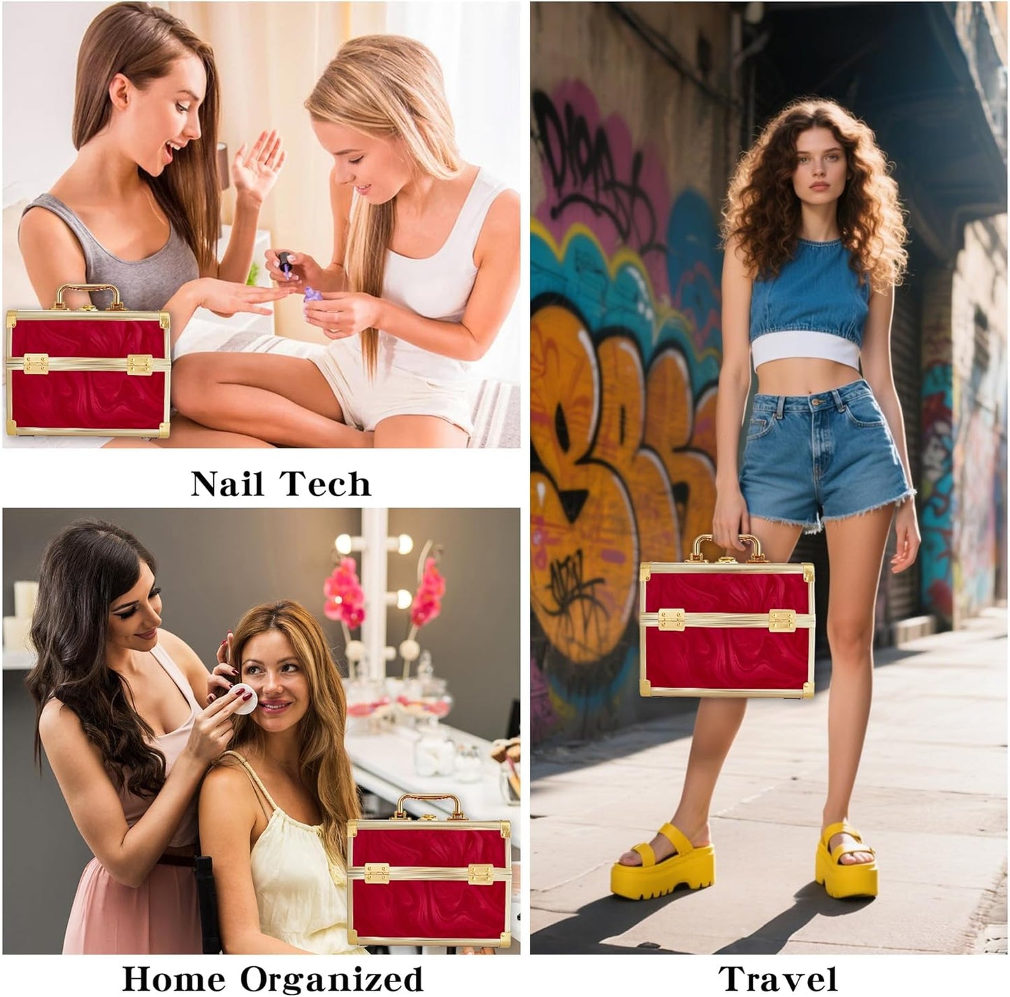 Makeup Train Case, Portable Makeup Case with Mirror, 2-Trays Cosmetic Organizer Case,Nail Polish Organizer, Travel Makeup Box, Profesional for Salon Barber, Pattern Red