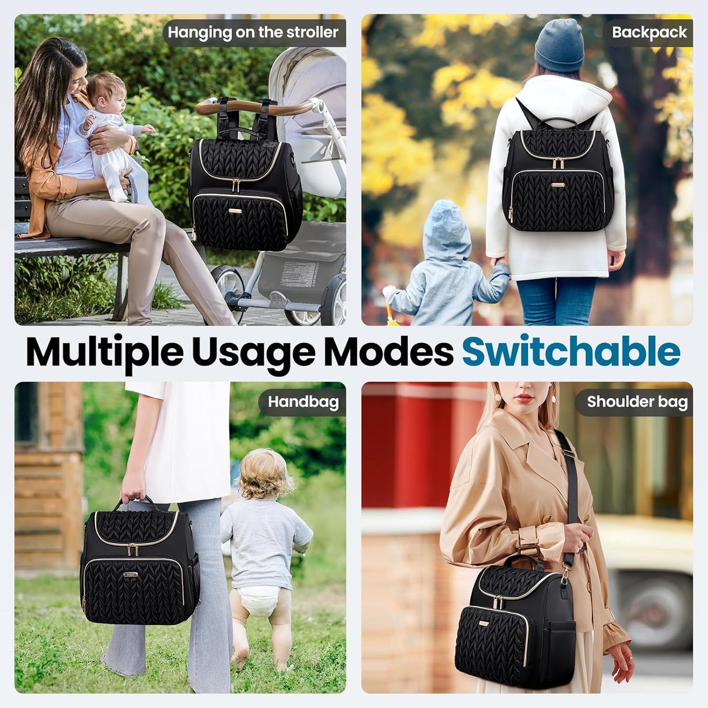 4 in 1 Convertible Diaper Bag Backpack,Waterproof Baby Diaper Bag with Changing Pad,Converts into Baby Tote Bag,Diaper Backpack,Stroller Bag and Crossbody Diaper Bag