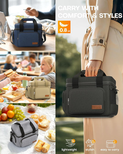 HOTOR Lunch Box for Men and Women - Leak-Proof Insulated Lunch Cooler Bag with Adjustable Strap, Multiple Pockets for Office, Picnic, Hiking, Beach, 1 Layer, 8L, Black, 9.8" x 8.7" x 5.9"