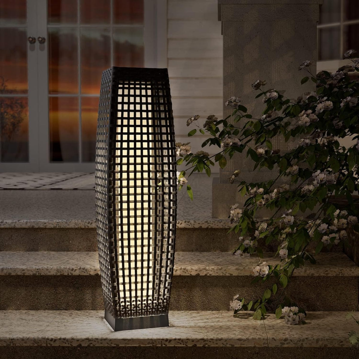 Grand patio Outdoor Floor Lamp Solar Powered Lantern Water-Resistant Wicker Deck Light for Garden or Porch - Medium Fuji, Silver Gray