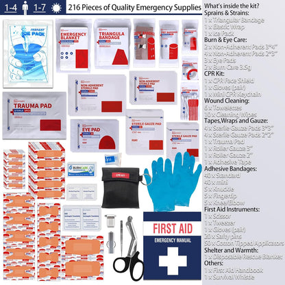 First Aid Kits - Compact First Aid Kit with Labelled Compartments Molle System Premium Emergency Kits for Home, Office, Car, Outdoor, Hiking, Travel, Camping - 216 Piece