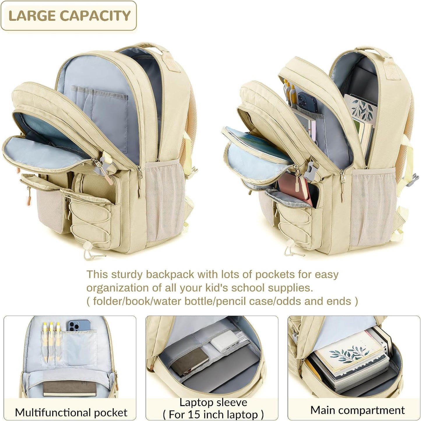 Lohol Water Resistant Backpack with Mulitiple Pockets for Travel Outdoor College, 15.6 inch Laptop Bookbag for Girl and Women (Beige)