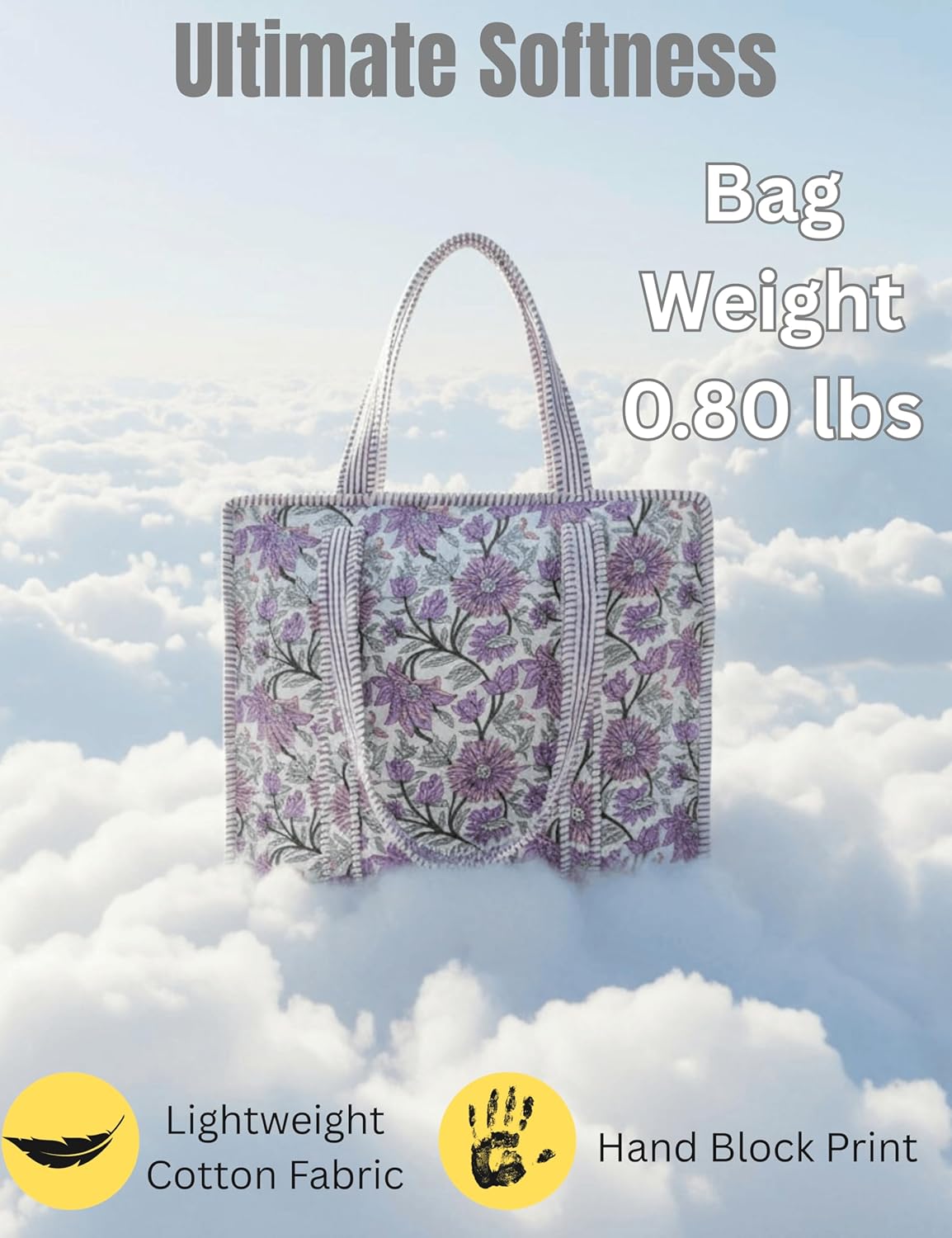 Cotton Quilted Tote Bag for Women – Large Beach & Travel Tote with Zipper, Reusable Grocery Bag