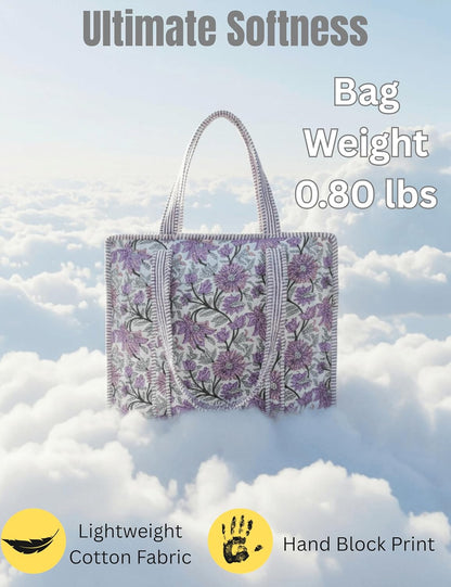 Cotton Quilted Tote Bag for Women – Large Beach & Travel Tote with Zipper, Reusable Grocery Bag