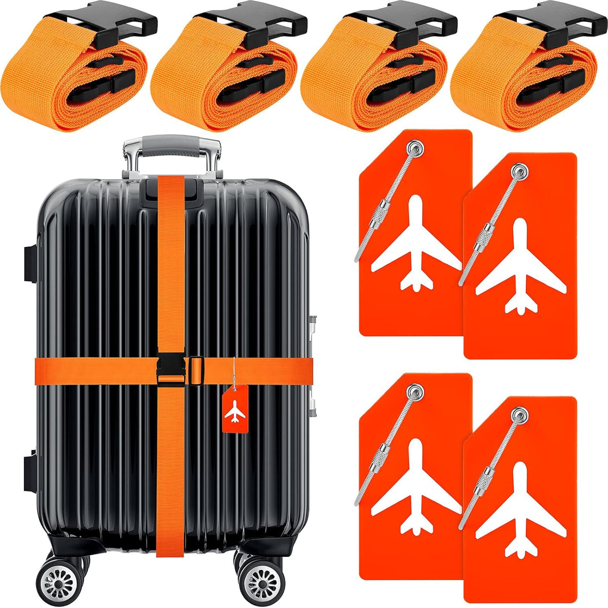 Weewooday 8 Pcs Luggage Straps Suitcase Tags Set for TSA Approved, 4 Travel Adjustable Suitcase Belt, 4 Silicone Luggage Tags with Name ID Card Travel Accessories(Orange,Airplane)