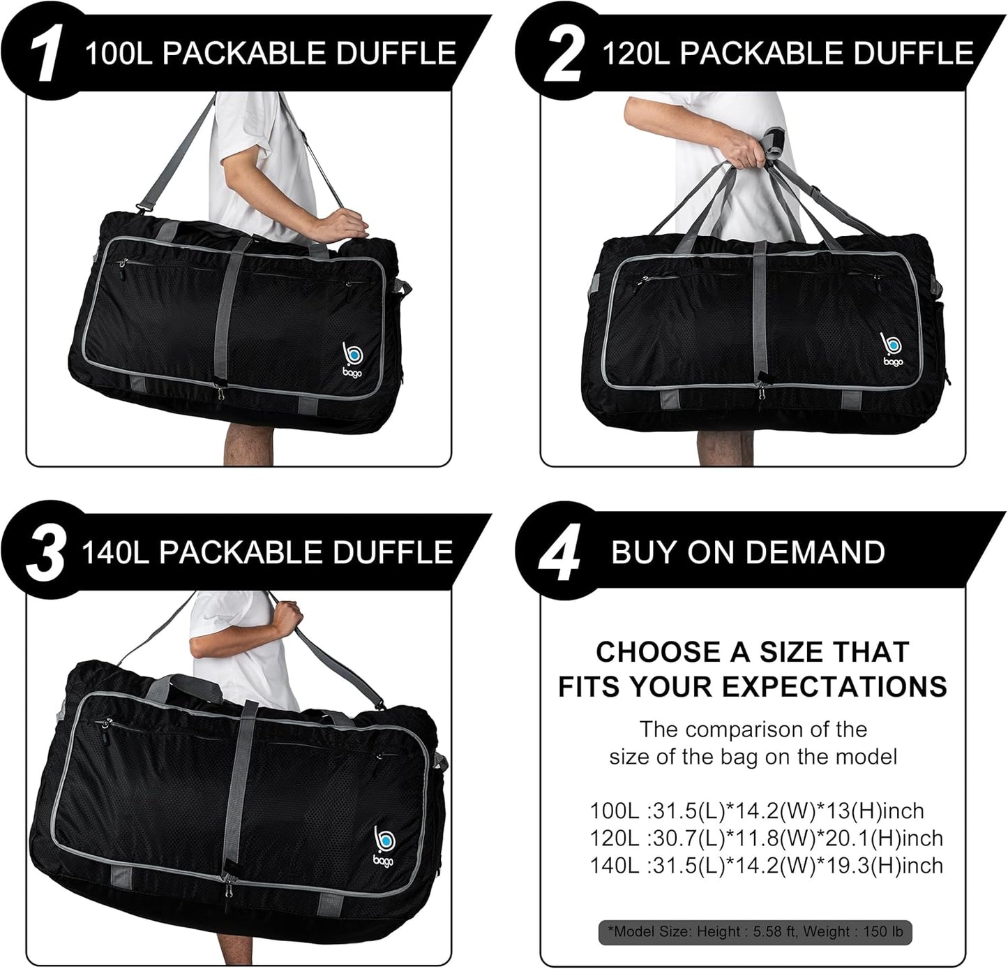 Bago Big XXL Foldable Duffel Bags for Traveling Women & Men - 140L Packable Duffle Bag for Travel with Shoe Compartment - Water Repellant, Heavy Duty, Lightweight Folding & Collapsible (Black)