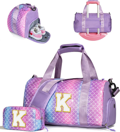 Girls Cheer Up Gifts-Girl Gym Bag with Shoe Compartment, Kid Personalized Weekender Overnight Bags, Initial Travel Tote with Makeup Pouch, Graduation Gift for Niece Kids Daughter (Letter K)