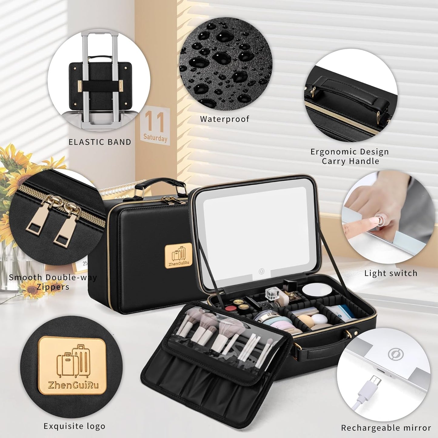 Makeup Bag with LED Mirror & Magnifier, Large Cosmetic Organizer Travel Makeup Case with Adjustable Brightness & 6 Detachable Dividers, Portable Makeup Storage for Women Girls (Black)