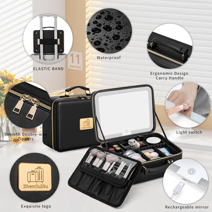 Makeup Bag with LED Mirror & Magnifier, Large Cosmetic Organizer Travel Makeup Case with Adjustable Brightness & 6 Detachable Dividers, Portable Makeup Storage for Women Girls (Black)