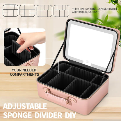 Makeup Bag with LED Mirror & Magnifier, Large Cosmetic Organizer Travel Makeup Case with Adjustable Brightness & 6 Detachable Dividers, Portable Makeup Storage for Women Girls (Pink)