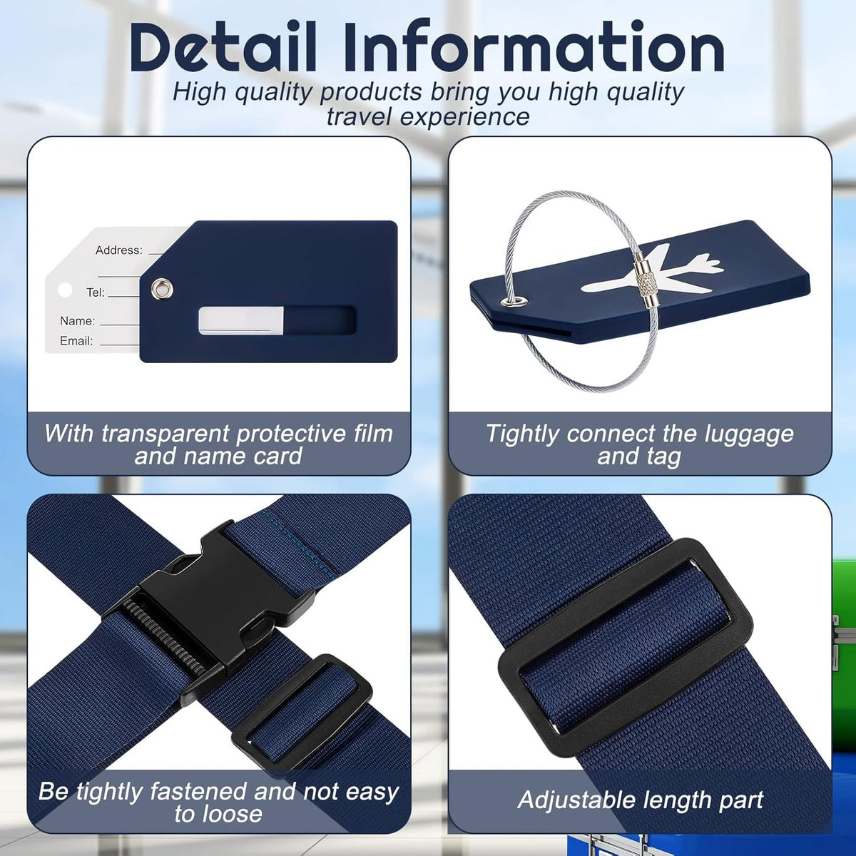 Weewooday 8 Pcs Luggage Straps Suitcase Tags Set for TSA Approved, 4 Travel Adjustable Suitcase Belt, 4 Silicone Luggage Tags with Name ID Card Travel Accessories(Dark Blue,Airplane)
