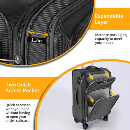 3-Piece Softside Expandable Luggage Set with Front Open Pocket, Lightweight and Durable Oxford Fabric Suitcase Set with TSA Lock (Gray, 20in/24in/28in)