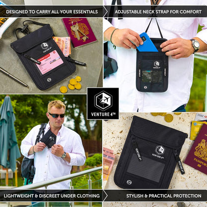 VENTURE 4TH Passport Holder Neck Wallet with RFID Blocking Nylon Lining - Hidden Neck Pouch for Travel (Pure Black)