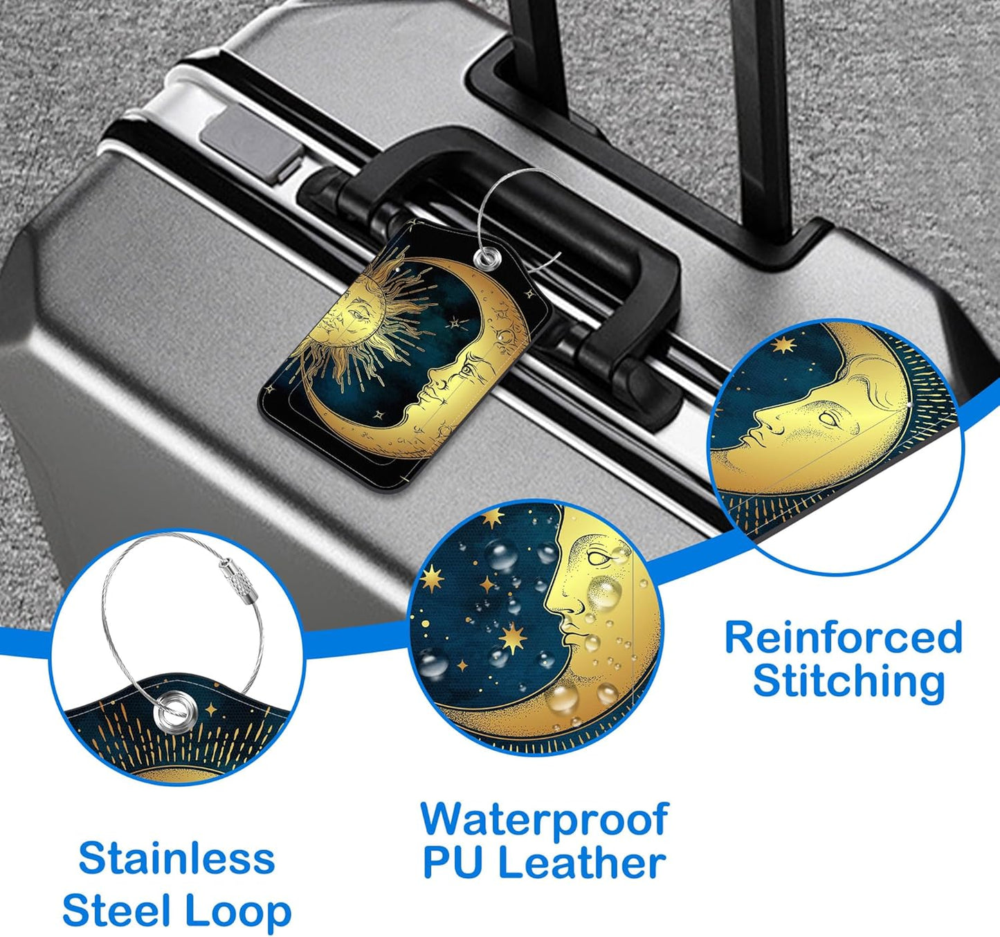 Moon Sun Star Luggage Tags for Suitcases Astrology Phases Leather Travel Tags for Luggage ID Label with Privacy Cover and Stainless Steel Loop for Men Women Suitcase Backpack, Set of 2