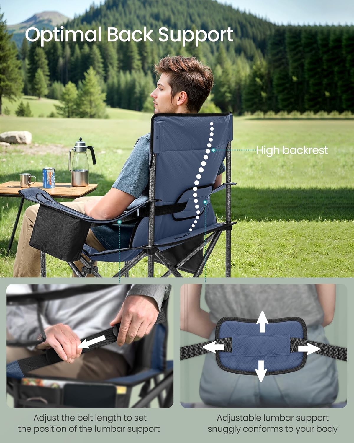 SONGMICS Oversized Lumbar Support Camping Chair, Heavy-Duty Outdoor Folding Chair Comfortable, Padded, Glamping, Cooler Bag, Weight Capacity 450 lb, Harbor Blue UGCB066Q01