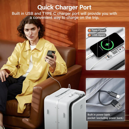 Hanke 28 Inch Luggage with Cup Holder and Charge,Top Opening Hard Shell Suitcases with Wheels and Dividers,Aluminum Frame Trunk Luggage Extra Large Suitcase with Lock for Travel,Smoke White