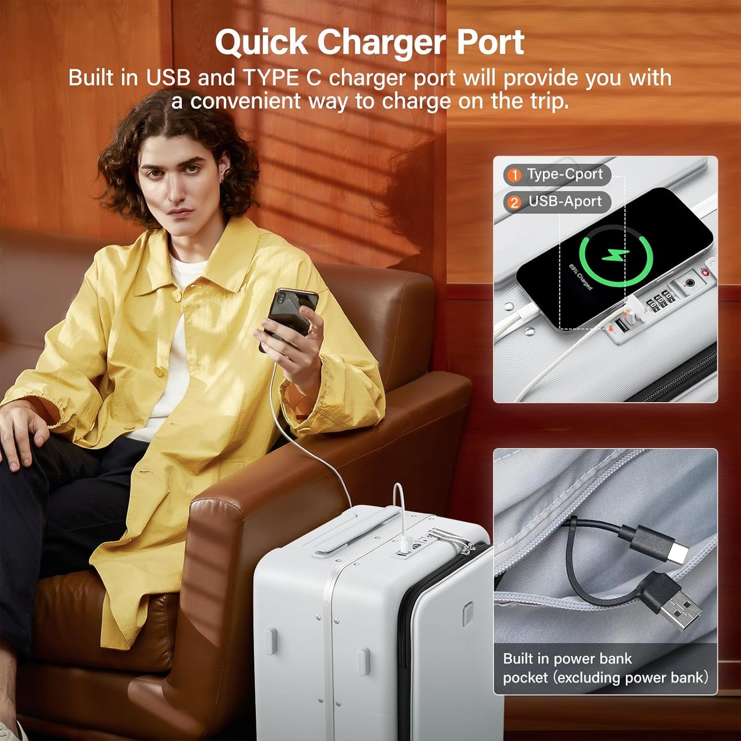 Hanke 20 Inch Carry On Luggage with Cup Holder and Charge,Top Opening Hard Shell Suitcases with Wheels and Dividers,Aluminum Frame Trunk Luggage Small Suitcase with Lock for Travel,Smoke White