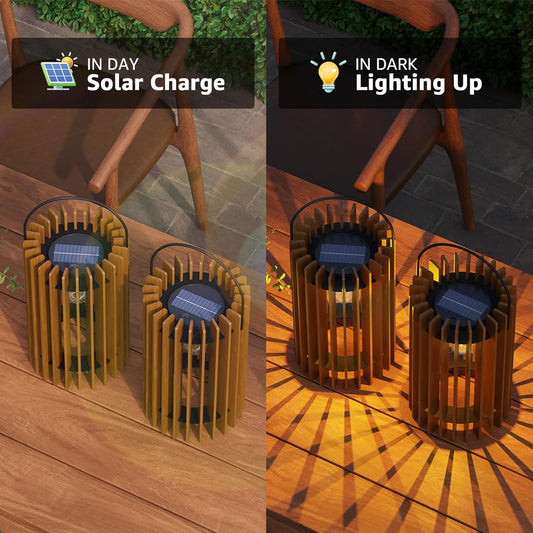 2 Set Solar Lantern Outdoor Rattan Lamp Outside Lights Hanging LED with IP44 Rating for Patio Garden Decor Porch Yard Table Top Decorative Tree Home