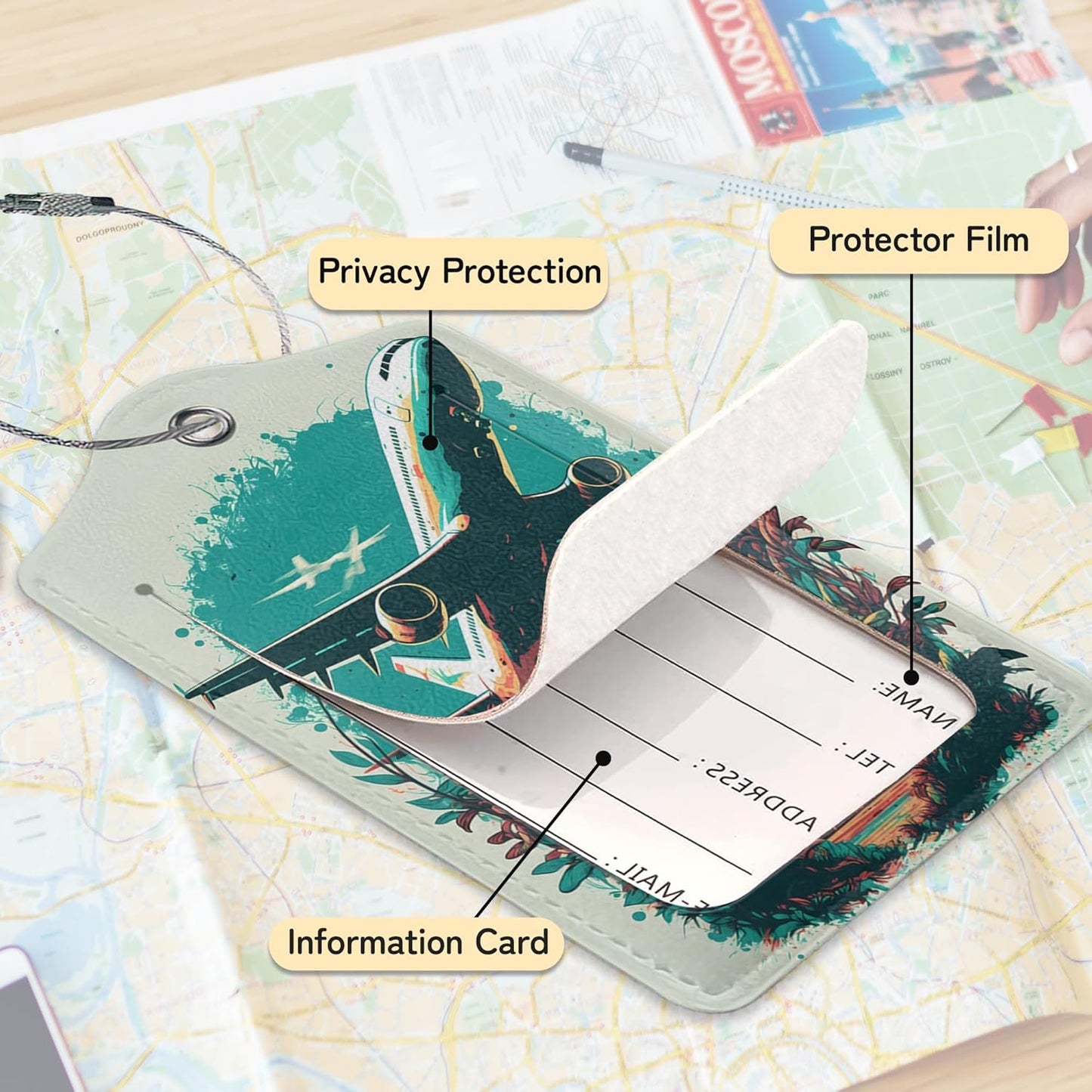 Airplane in The Sky Luggage Tags for Suitcase,3 Pack Luggage Tag Leather Privacy Cover ID Label with Stainless Steel Loop for Women Men