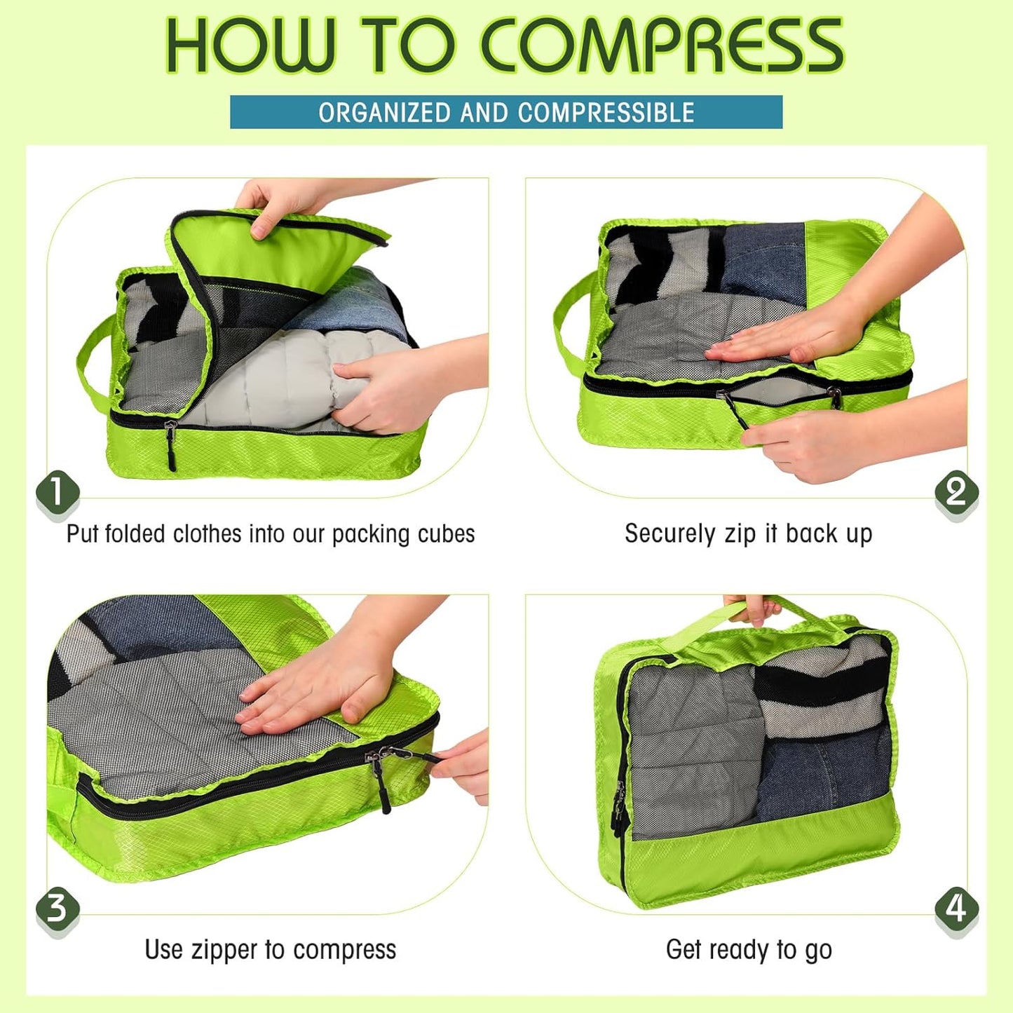 5 Pcs Packing Cubes for Suitcase Large Travel Cubes Carry on Luggage Organizer Bags for Clothes Accessories(L,Green)