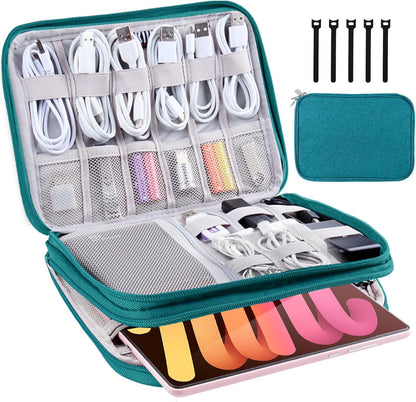 Electronics Organizer,Travel Cable Organizer Bag,Water Resistant Double Layers Pouch for Cable,Cord,iPhone,iPad Mini,Gift for Men Electronic Accessories Storage Case with 5 Cable Ties,Green