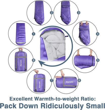 Atarashi Camping Sleeping Bag- 4 Seasons for Adults, Light, Warm, Extra-Large with Compression Sack- Great for Hiking, Backpacking & Outdoor Adventures