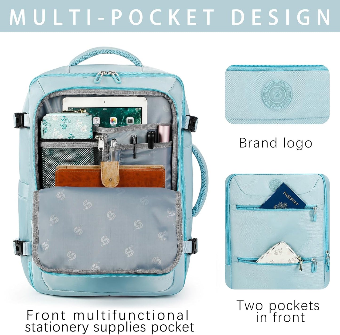 Sowaovut Travel Laptop Backpack, Extra Large High School College Backpacks, Flight Approved Daypack Business Bag Fit 17.3 inch Laptop for Men Women (Light Blue)