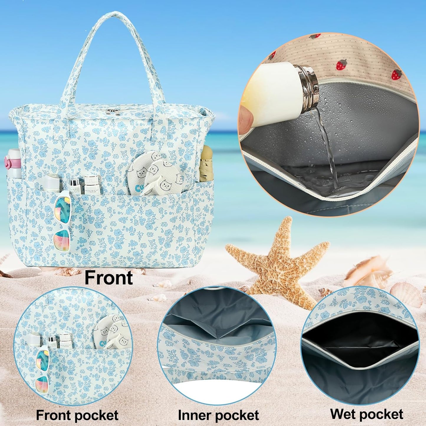 Waterproof Beach Tote Pool Bags for Women Ladies Extra Large Gym Tote Carry On Bag With Wet Compartment for Weekender Travel